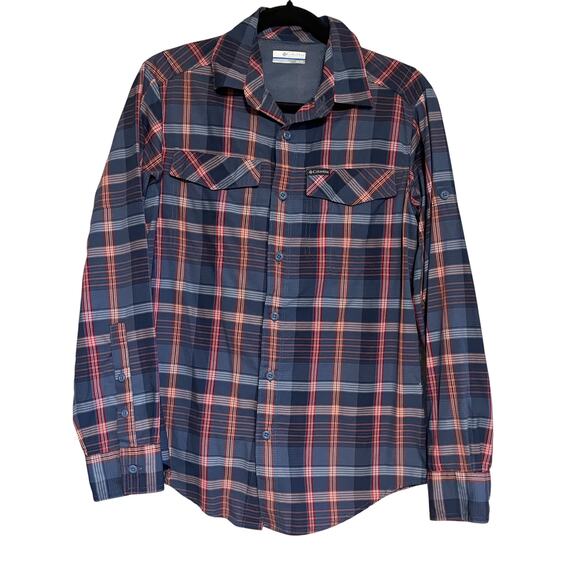 Columbia Nylon Plaid Long Sleeve Button Down Shirt Blue Gray Red Size XS - Picture 1 of 8